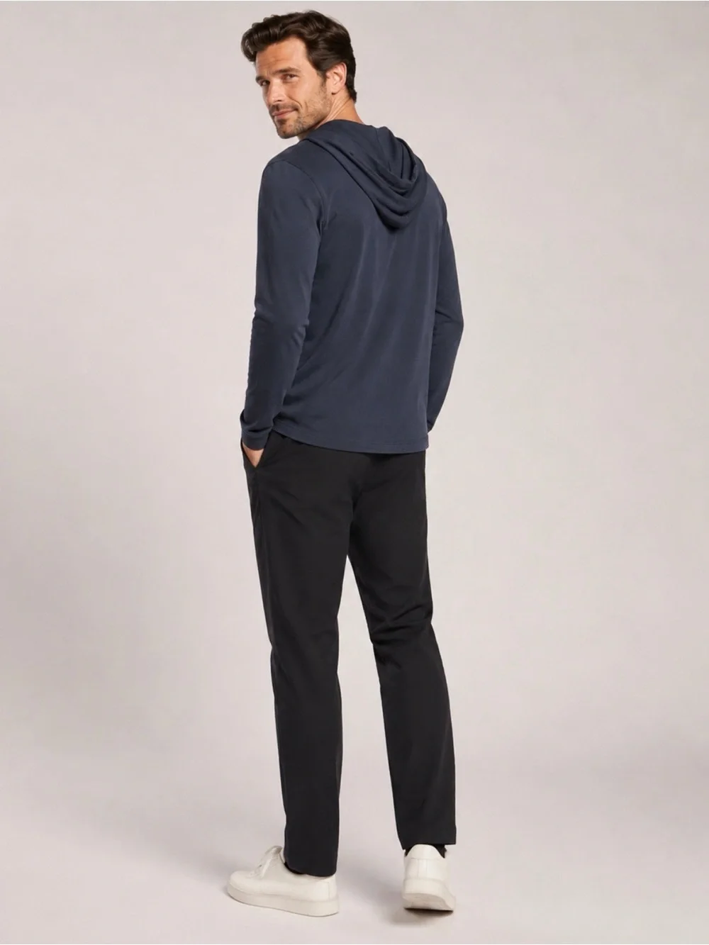Robert Barakett Mens Large Navy Pima Cotton Henley Hoodie Excellent Condition